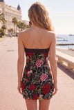 Strapless Black Red Floral Embroidered Bodycon Cicktail Dress