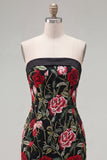 Strapless Black Red Floral Embroidered Bodycon Cicktail Dress
