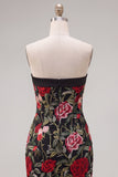 Strapless Black Red Floral Embroidered Bodycon Cicktail Dress