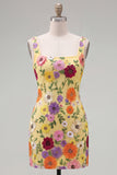 Yellow Square Neck Bodycon Mini Floral Party Dress