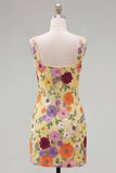 Yellow Square Neck Bodycon Mini Floral Party Dress
