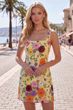 Yellow Square Neck Bodycon Mini Floral Party Dress