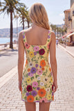 Yellow Square Neck Bodycon Mini Floral Party Dress