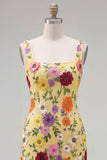 Yellow Square Neck Bodycon Mini Floral Party Dress