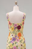 Yellow Square Neck Bodycon Mini Floral Party Dress