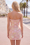 Strapless Yellow Floral Short Bodycon Party Dress