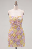Strapless Yellow Floral Short Bodycon Party Dress