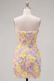 Strapless Yellow Floral Short Bodycon Party Dress