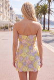 Strapless Yellow Floral Short Bodycon Party Dress
