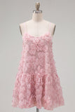 Pink A-Line Spaghetti Straps Party Dress with 3D Flowers