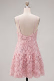 Pink A-Line Spaghetti Straps Party Dress with 3D Flowers