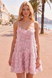 Pink A-Line Spaghetti Straps Party Dress with 3D Flowers