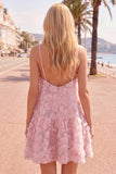 Pink A-Line Spaghetti Straps Party Dress with 3D Flowers