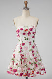 Pink Red Floral A-Line Embroidered Short Cocktail Party Dress