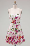 Pink Red Floral A-Line Embroidered Short Cocktail Party Dress