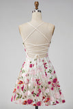 Pink Red Floral A-Line Embroidered Short Cocktail Party Dress