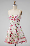Pink Red Floral A-Line Embroidered Short Cocktail Party Dress