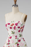 Pink Red Floral A-Line Embroidered Short Cocktail Party Dress