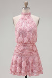 Halter Pink A-Line Sequins Short Party Dress with 3D Flowers