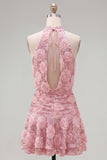 Halter Pink A-Line Sequins Short Party Dress with 3D Flowers