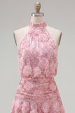 Halter Pink A-Line Sequins Short Party Dress with 3D Flowers