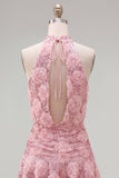 Halter Pink A-Line Sequins Short Party Dress with 3D Flowers