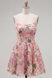 Pink Floral A-Line Lace Up Back Graduation Dress with Embroidery