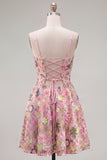Pink Floral A-Line Lace Up Back Graduation Dress with Embroidery
