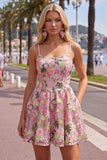 Pink Floral A-Line Lace Up Back Graduation Dress with Embroidery