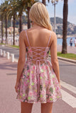 Pink Floral A-Line Lace Up Back Graduation Dress with Embroidery