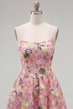 Pink Floral A-Line Lace Up Back Graduation Dress with Embroidery
