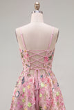 Pink Floral A-Line Lace Up Back Graduation Dress with Embroidery