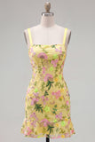 Yellow Floral Bodycon Ruffled Embroidered Cocktail Dress with Lace Up Back