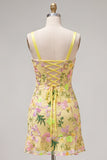 Yellow Floral Bodycon Ruffled Embroidered Cocktail Dress with Lace Up Back