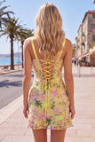 Yellow Floral Bodycon Ruffled Embroidered Cocktail Dress with Lace Up Back