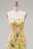 Yellow Floral Bodycon Ruffled Embroidered Cocktail Dress with Lace Up Back