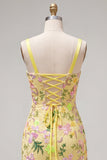 Yellow Floral Bodycon Ruffled Embroidered Cocktail Dress with Lace Up Back