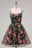 A-Line Black Red Flower Embroidered Cocktail Party Dress with Lace Up Back