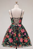 A-Line Black Red Flower Embroidered Cocktail Party Dress with Lace Up Back