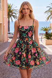 A-Line Black Red Flower Embroidered Cocktail Party Dress with Lace Up Back