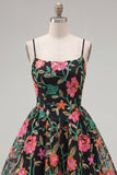 A-Line Black Red Flower Embroidered Cocktail Party Dress with Lace Up Back