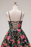 A-Line Black Red Flower Embroidered Cocktail Party Dress with Lace Up Back