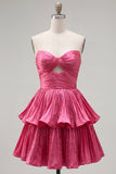 Metallic Fuchsia A-Line Sweetheart Pleated Cocktail Dress with Ruffles