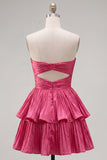 Metallic Fuchsia A-Line Sweetheart Pleated Cocktail Dress with Ruffles