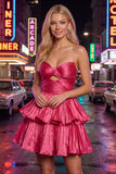 Metallic Fuchsia A-Line Sweetheart Pleated Cocktail Dress with Ruffles