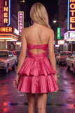 Metallic Fuchsia A-Line Sweetheart Pleated Cocktail Dress with Ruffles