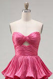 Metallic Fuchsia A-Line Sweetheart Pleated Cocktail Dress with Ruffles