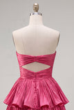 Metallic Fuchsia A-Line Sweetheart Pleated Cocktail Dress with Ruffles