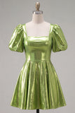 Green Metallic A-Line Square Neck Cocktail Dress with Short Sleeves