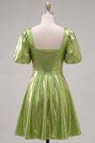 Green Metallic A-Line Square Neck Cocktail Dress with Short Sleeves